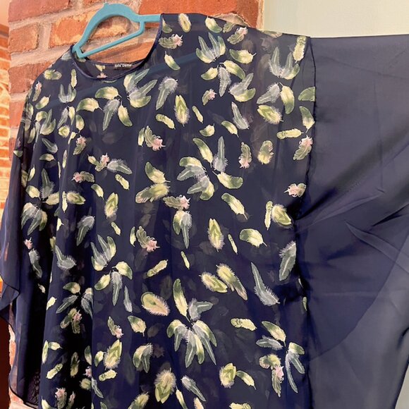 Sheer Layering Blouse - Navy with Feather Print (Green/Blush) - Spring Layering - Picture 6 of 9
